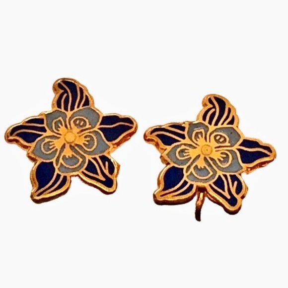 MMA Metropolitan Museum Art Blue Enamel Flower Clip-on Earrings Goldplate - Picture 9 of 11